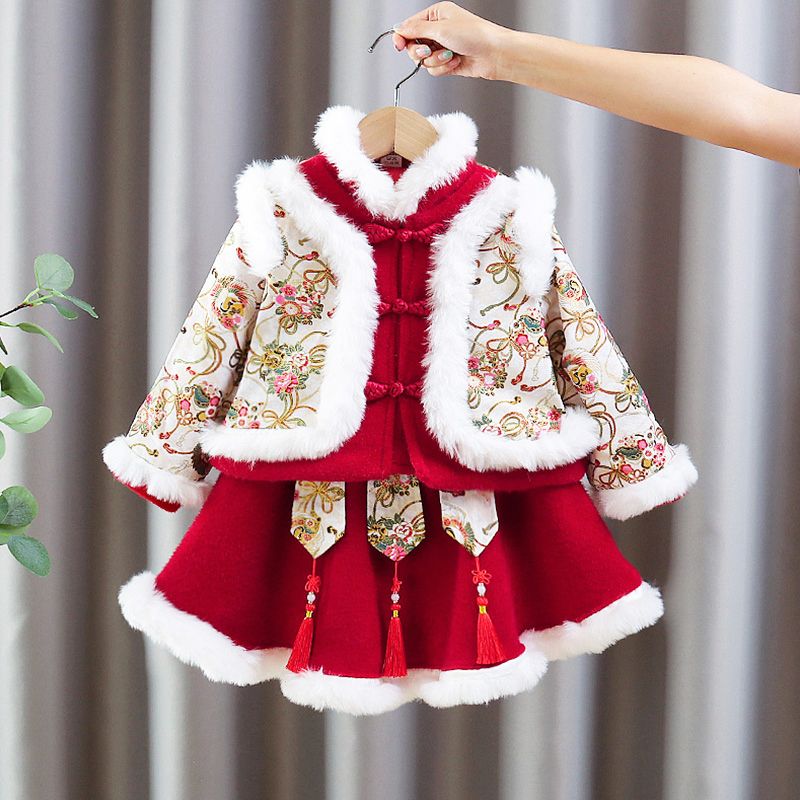 拜年服女童冬款兒童漢服小童過年禮服寶寶加厚中式長袖喜慶唐裝