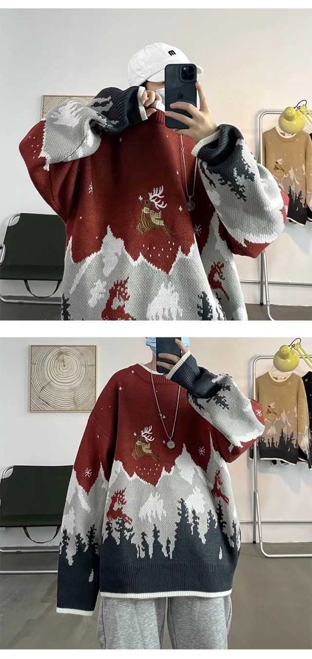 Herren Pullover Rundhals Mit Elch Motiv Für Herbst Und Winter_voghion.com