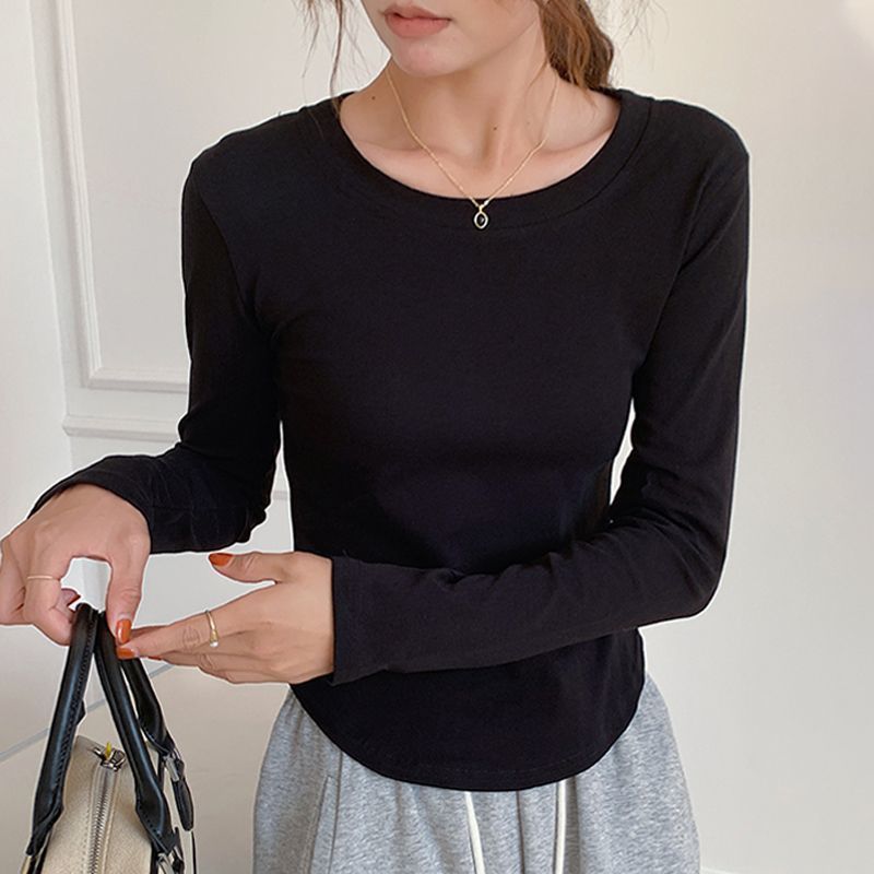 Spice girl short long-sleeved bottoming shirt T-shirt irregular spring and autumn winter new slim-fit shoulders and thin round neck top