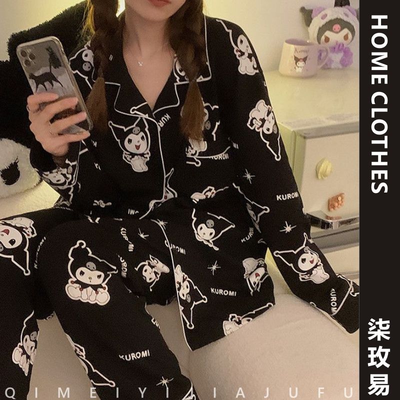 睡衣女春秋季新款ins卡通庫洛米印花寬鬆學生外穿長袖家居服套裝