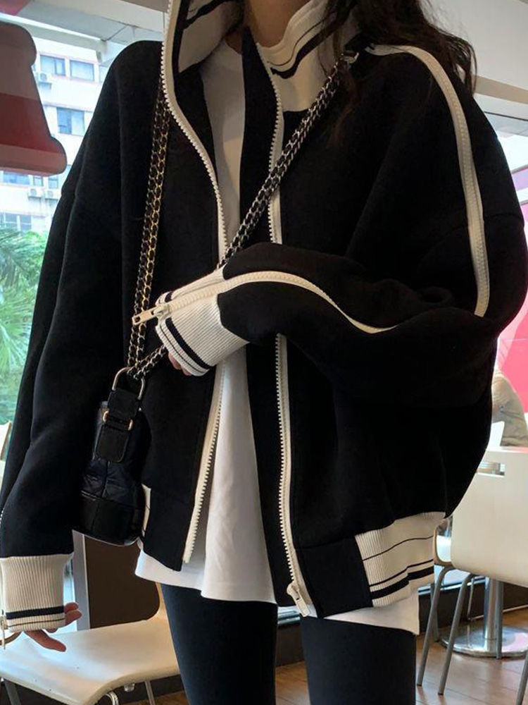 2-300斤大码设计感立领棒球服女秋冬季加绒加厚宽松开衫夹克外套