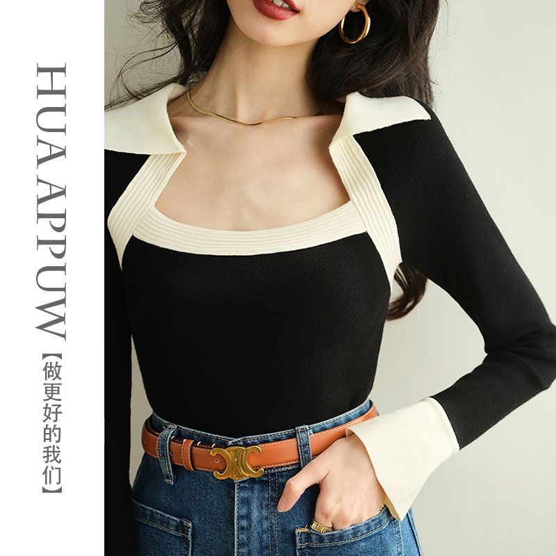 畫朴法式polo方領撞色針織衫女裝2023秋冬季新款設計感毛衣打底衫