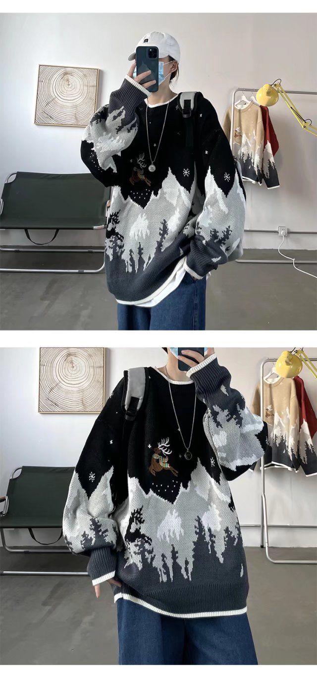 Herren Pullover Rundhals Mit Elch Motiv Für Herbst Und Winter_voghion.com