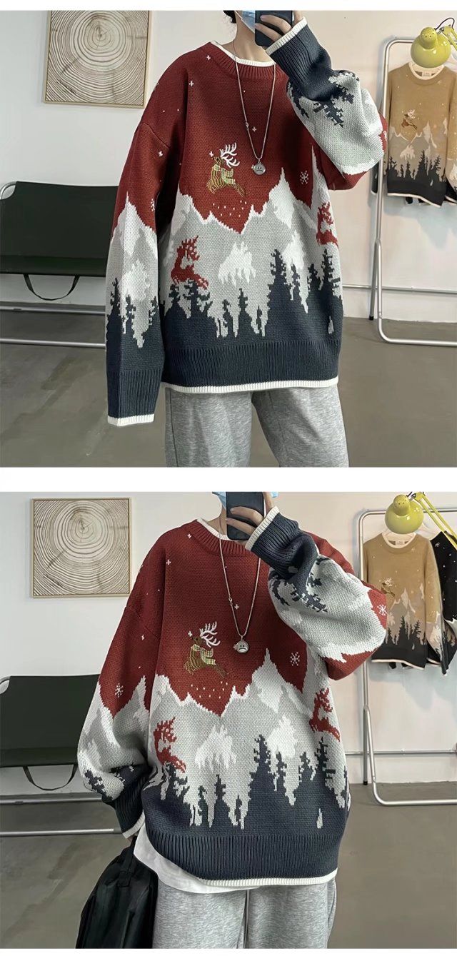 Herren Pullover Rundhals Mit Elch Motiv Für Herbst Und Winter_voghion.com
