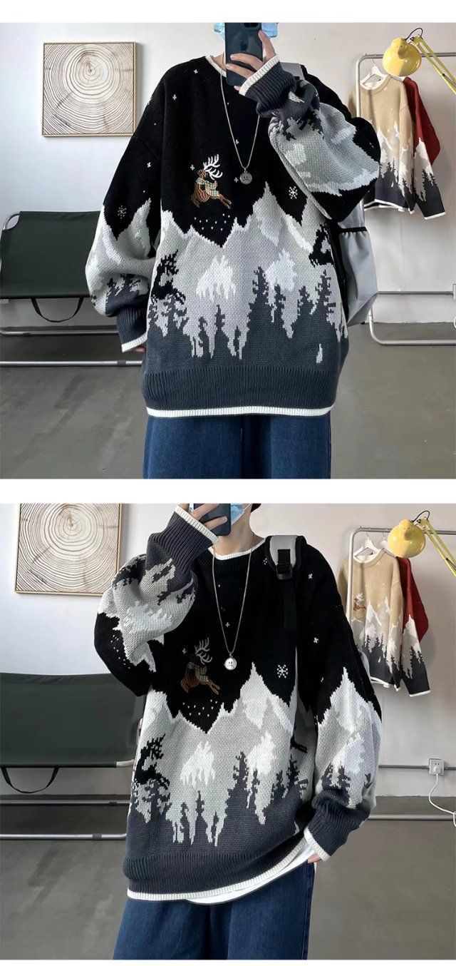 Herren Pullover Rundhals Mit Elch Motiv Für Herbst Und Winter_voghion.com