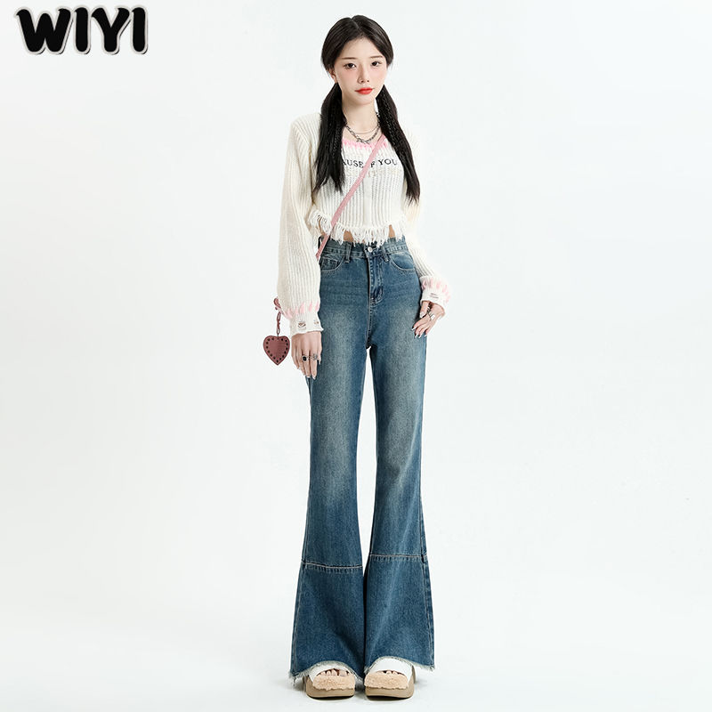 WIYI 復古辣妹微喇毛邊拼接牛仔褲女高腰彈力顯瘦加長拖地褲春秋