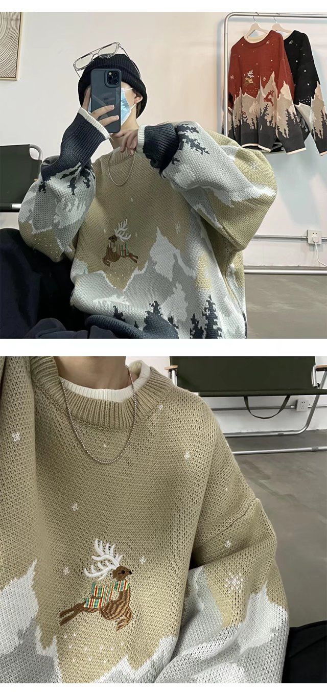 Herren Pullover Rundhals Mit Elch Motiv Für Herbst Und Winter_voghion.com
