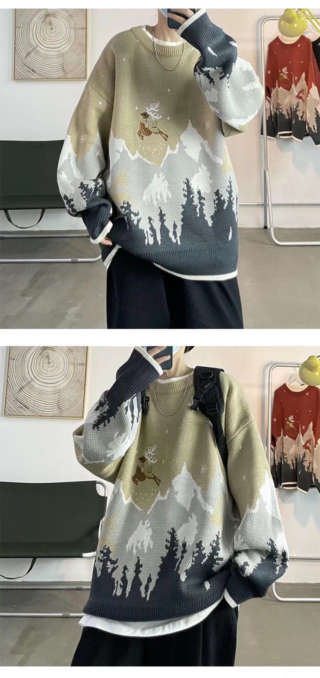 Herren Pullover Rundhals Mit Elch Motiv Für Herbst Und Winter_voghion.com
