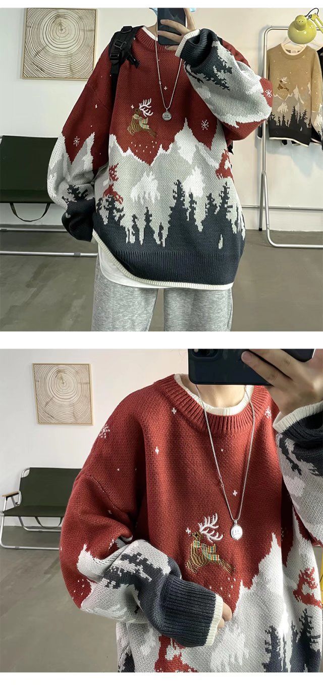 Herren Pullover Rundhals Mit Elch Motiv Für Herbst Und Winter_voghion.com