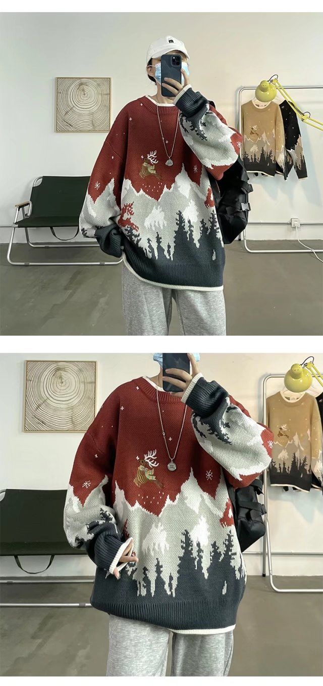 Herren Pullover Rundhals Mit Elch Motiv Für Herbst Und Winter_voghion.com