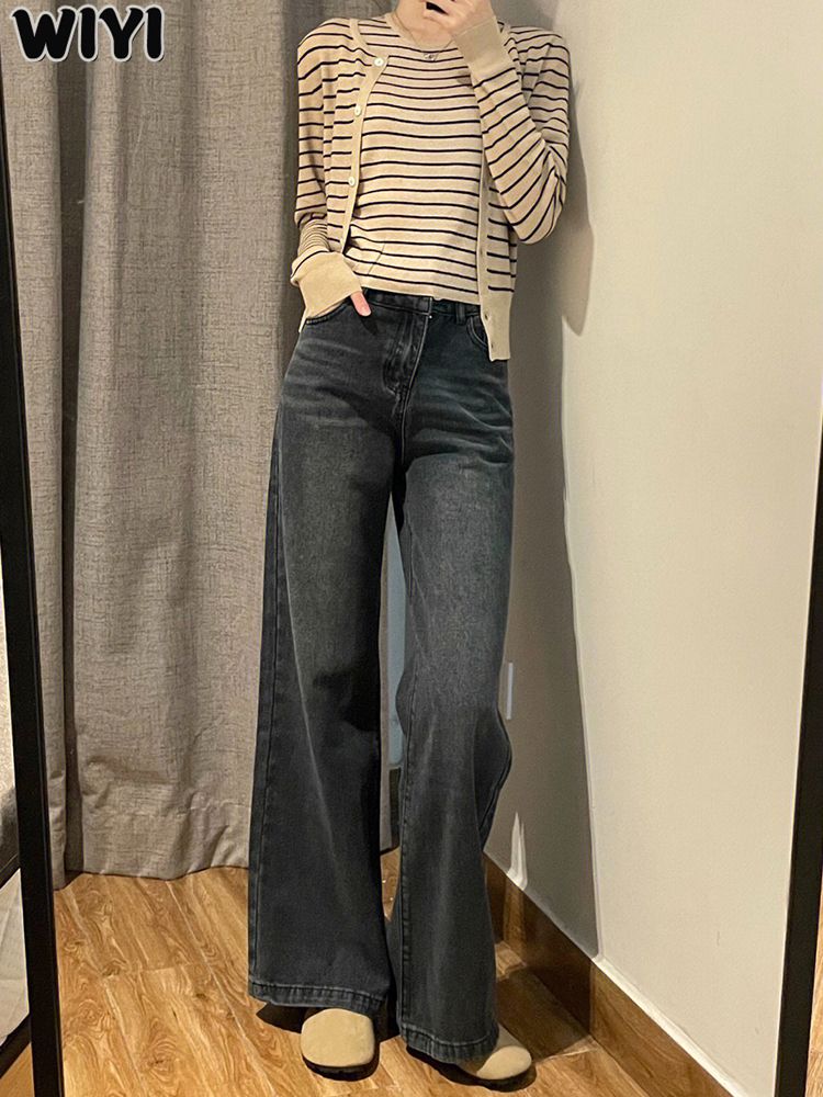 WIYI 復古闊腿喇叭褲2022新款春秋高街寬鬆高腰顯瘦微喇牛仔褲女