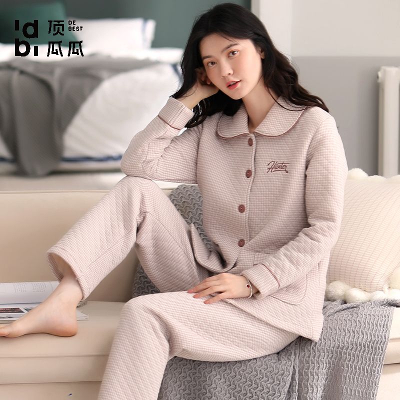 全棉夾層睡衣女秋冬長袖純棉空氣棉冬天薄款夾棉家居服套裝