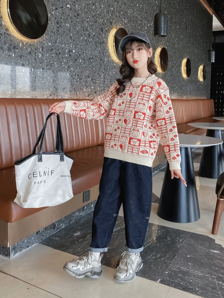 女童毛衣加絨冬裝新款洋氣初中大兒童裝女孩春秋季加厚針織打底衫