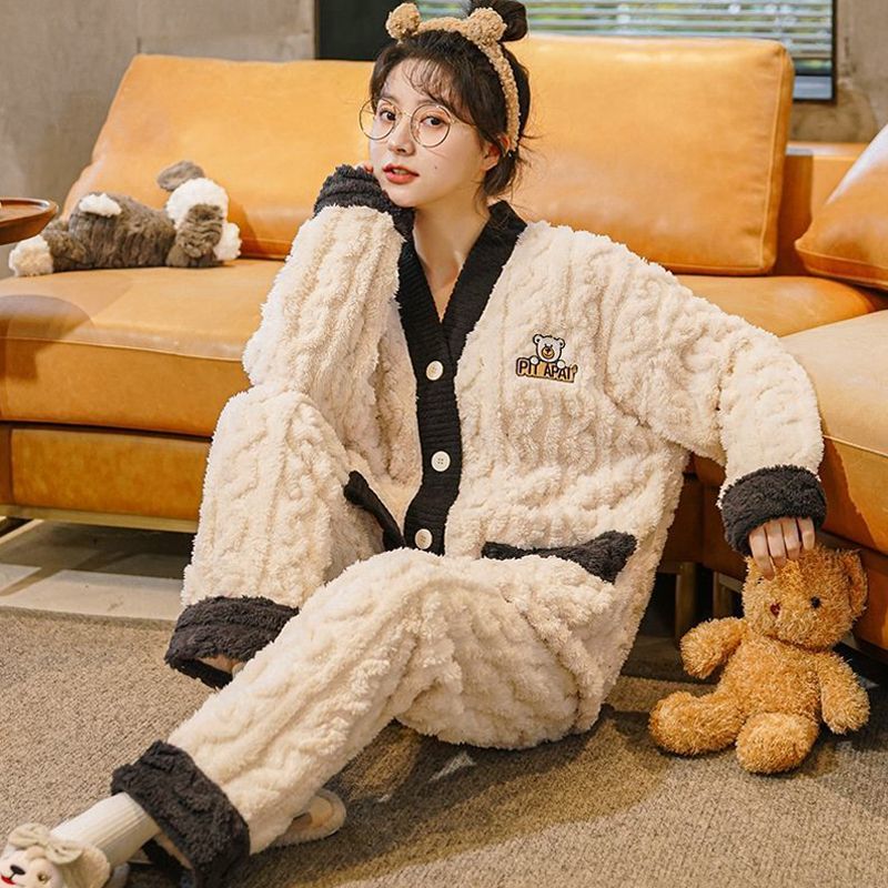 法蘭絨睡衣女士秋冬加厚加絨保暖套裝冬天珊瑚絨開衫家居服可外穿