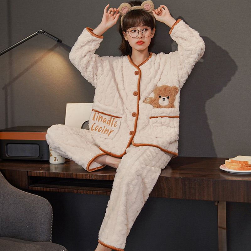 睡衣女冬季法蘭絨加厚加絨保暖套裝秋冬天高檔珊瑚絨家居服可外穿