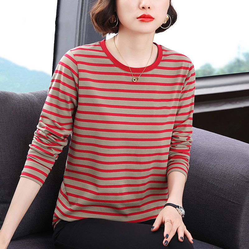 [95 cotton] long-sleeved t-shirt women's new autumn clothes loose large size 200 catties striped top middle-aged mother bottoming shirt