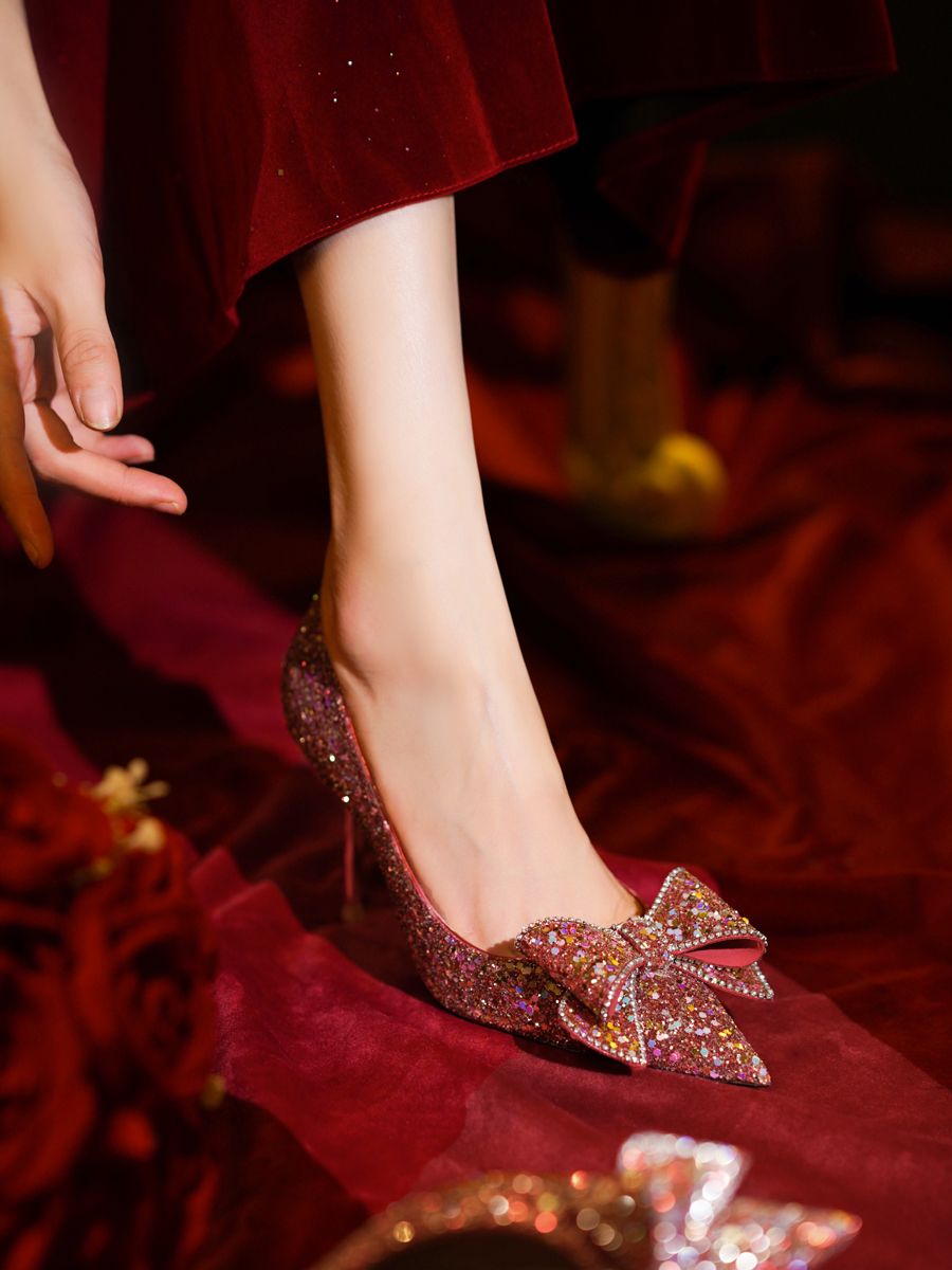 红色高跟鞋女2022年新款法式尖头细跟高级感单鞋秀禾服新娘婚鞋子
