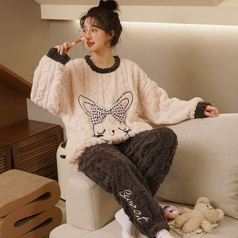 法蘭絨睡衣女秋冬季加厚加絨珊瑚絨可愛冬天保暖套裝家居服可外穿