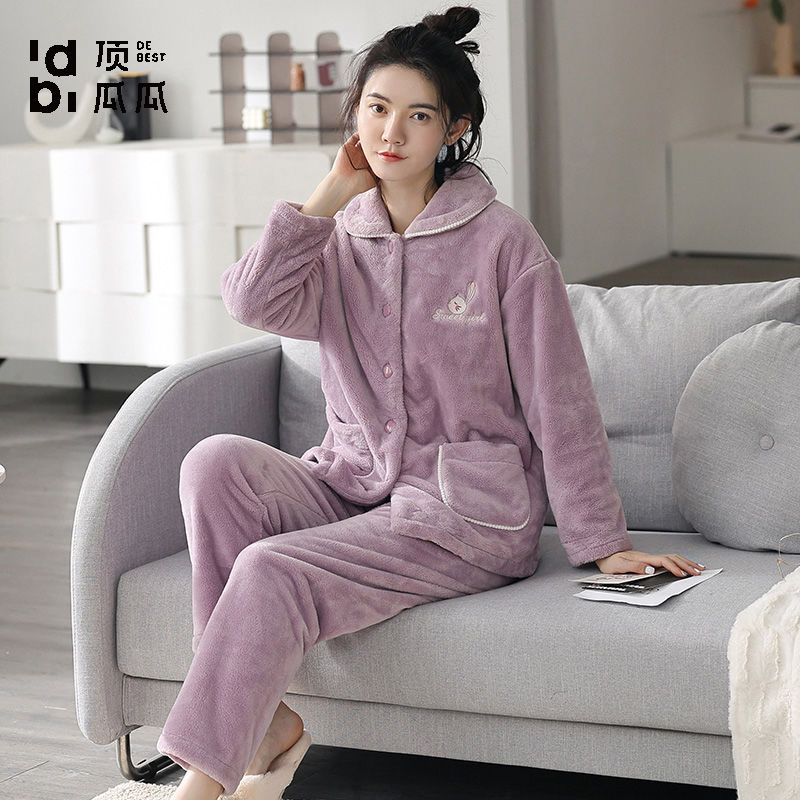 睡衣女秋冬季珊瑚絨加厚加絨保暖大碼冬天法蘭絨家居服套裝
