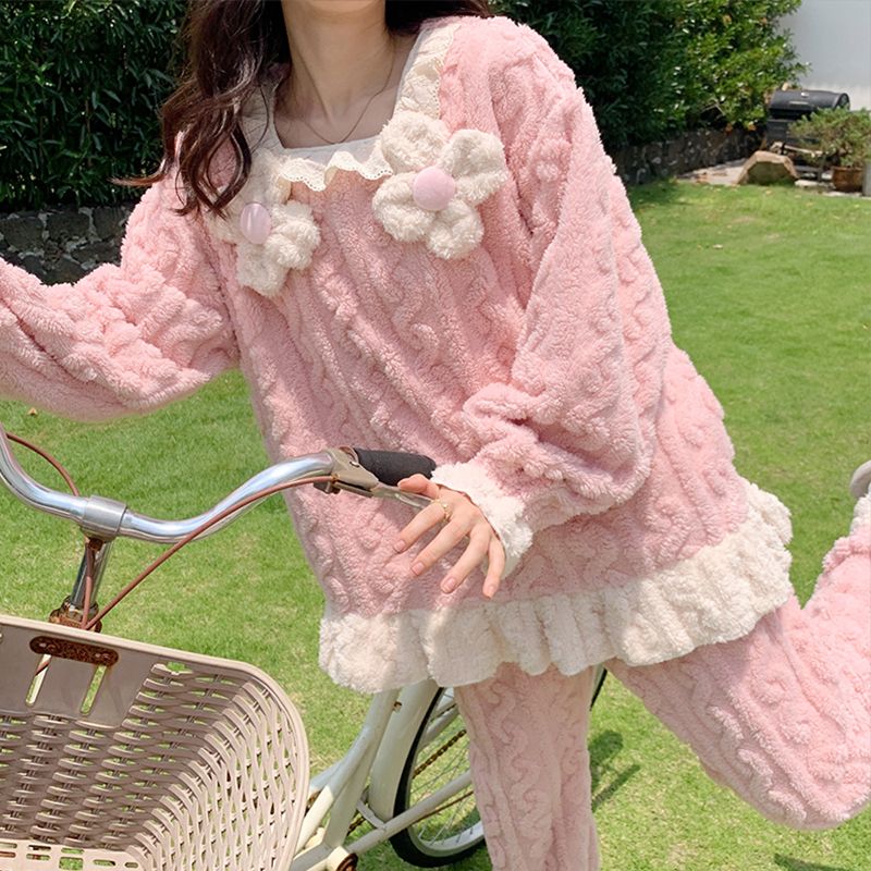 睡衣女冬季法蘭絨加厚加絨保暖套裝秋冬天珊瑚絨學生公主風家居服