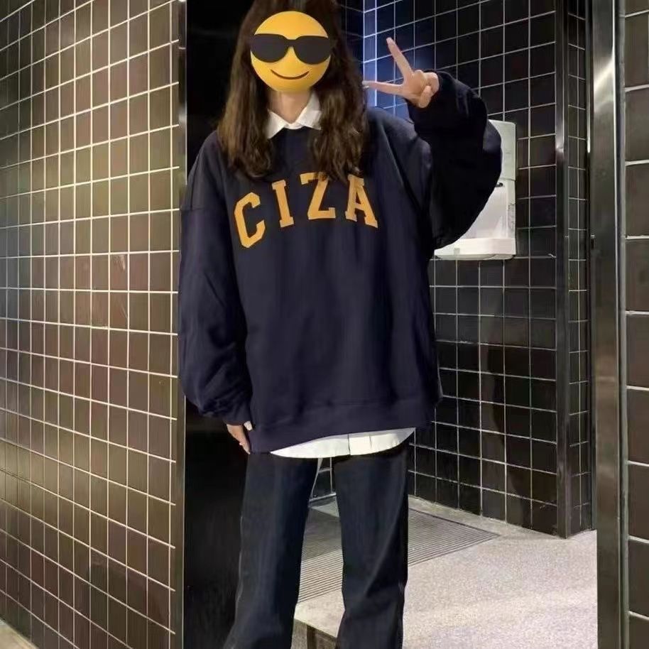 美式高街圓領衛衣無帽女垂墜感2022秋冬季加絨字母印花長袖上衣潮