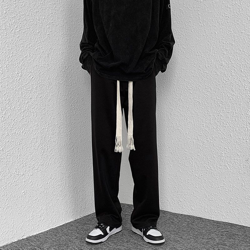 Black casual trousers men's trendy brand straight trousers loose wide-leg mopping trousers summer trend woven trousers men