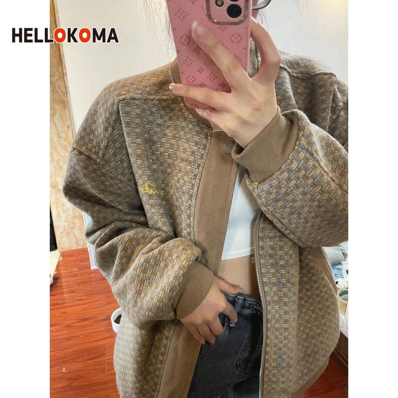 HK2022 new small fragrance style baseball jacket female design sense oversize niche plaid jacket jacket trendy