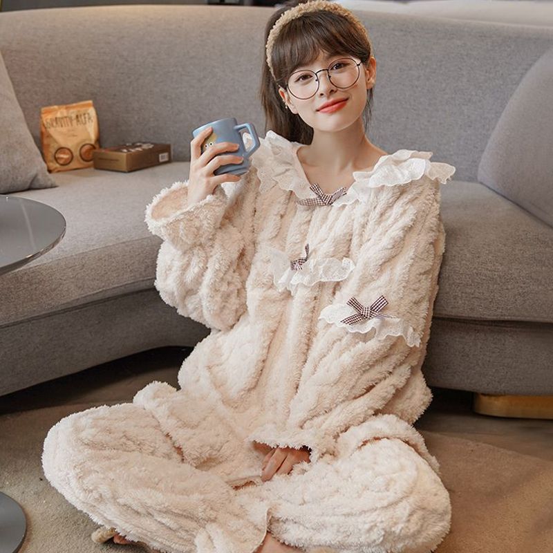 法蘭絨睡衣女士秋冬季加厚加絨保暖套裝公主風珊瑚絨家居服可外穿