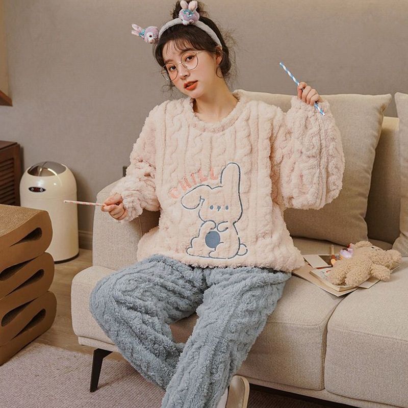法蘭絨睡衣女秋冬季加厚加絨珊瑚絨可愛冬天保暖套裝家居服可外穿