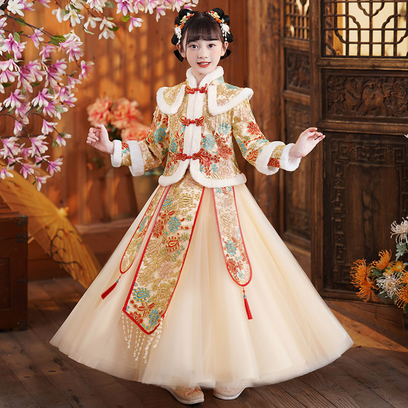 漢服女童冬裝兒童冬季古風唐裝加絨加厚拜年服冬款小女孩超仙古裝
