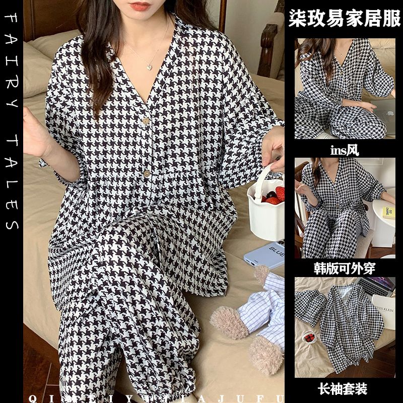 網紅千鳥格睡衣女秋季新款ins風韓版簡約可外穿七分袖家居服套裝