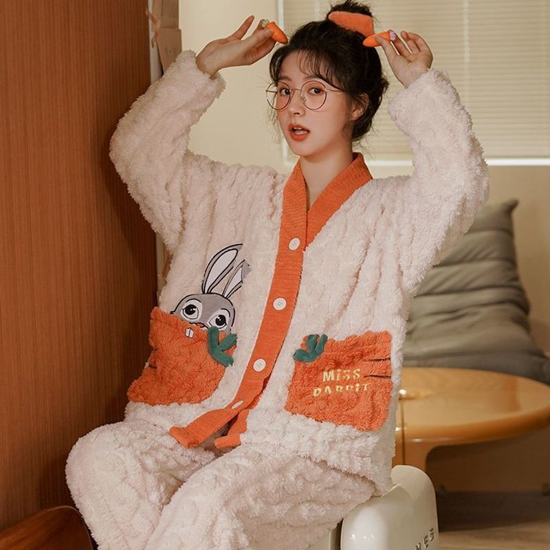 法蘭絨睡衣女秋冬季加厚保暖珊瑚絨可愛大碼可外穿套裝家居月子服
