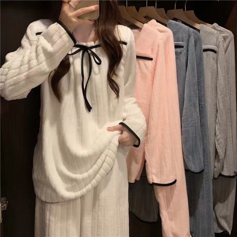New coral fleece pajamas female autumn and winter net red ins small fragrance thick flannel can be worn outside the home service suit