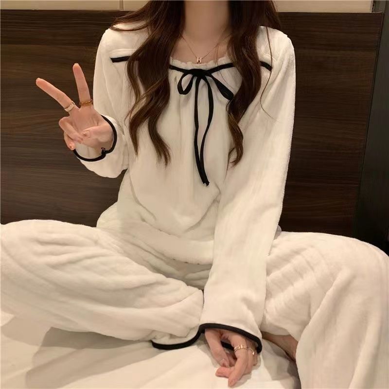 New coral fleece pajamas female autumn and winter net red ins small fragrance thick flannel can be worn outside the home service suit