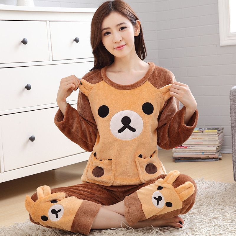 Autumn and winter coral fleece student pajamas female cartoon sweet and cute home service new plush fleece thickened two-piece suit