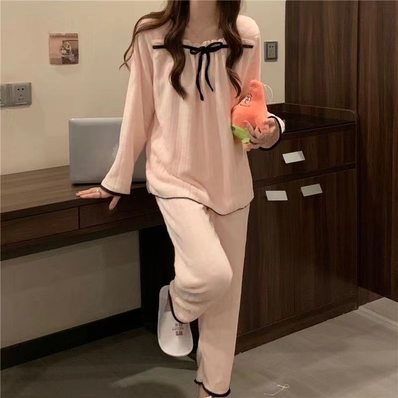 New coral fleece pajamas female autumn and winter net red ins small fragrance thick flannel can be worn outside the home service suit