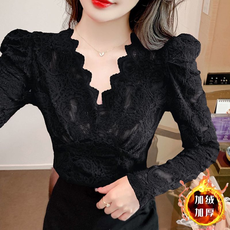 加絨蕾絲打底衫女內搭2023年秋冬新款洋氣V領泡泡袖磨毛上衣小衫