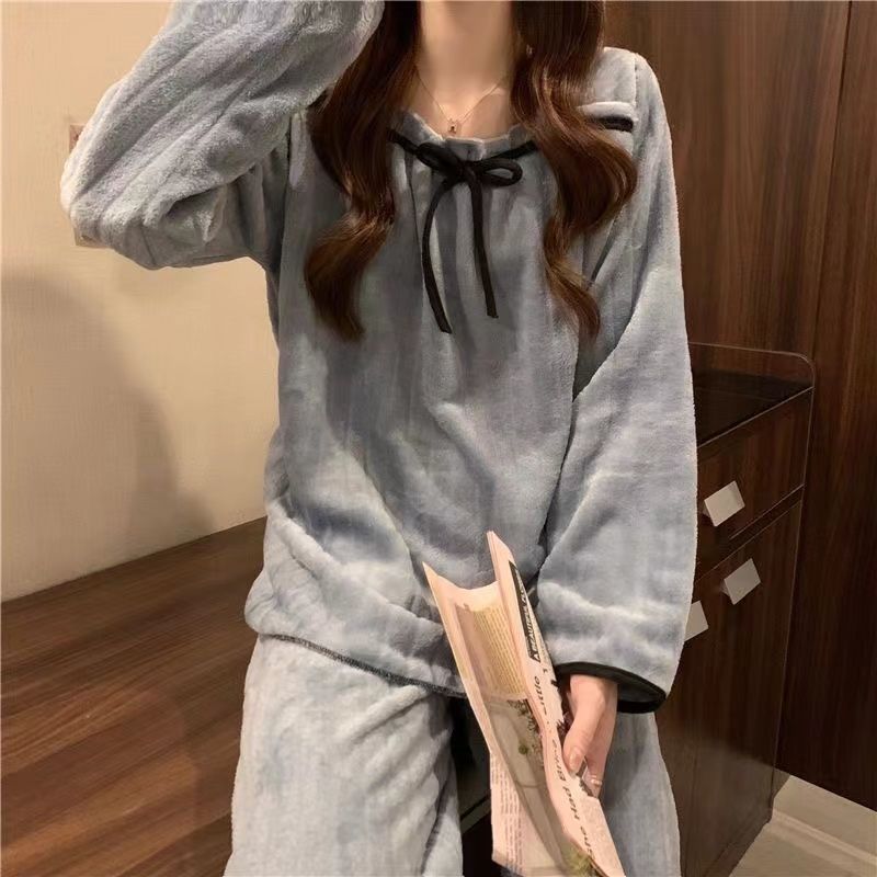 New coral fleece pajamas female autumn and winter net red ins small fragrance thick flannel can be worn outside the home service suit