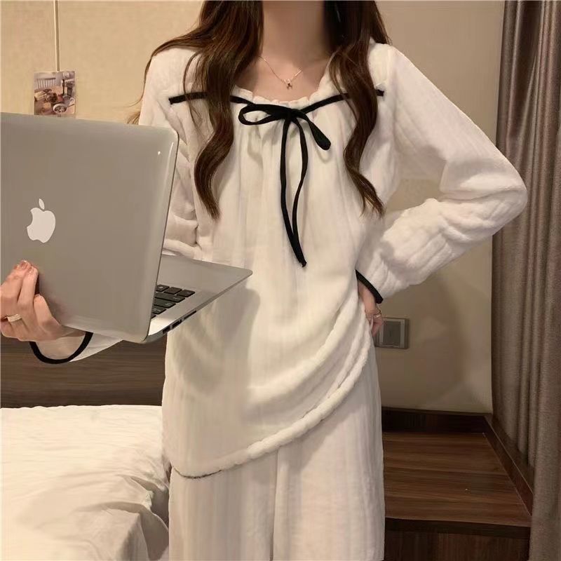 New coral fleece pajamas female autumn and winter net red ins small fragrance thick flannel can be worn outside the home service suit