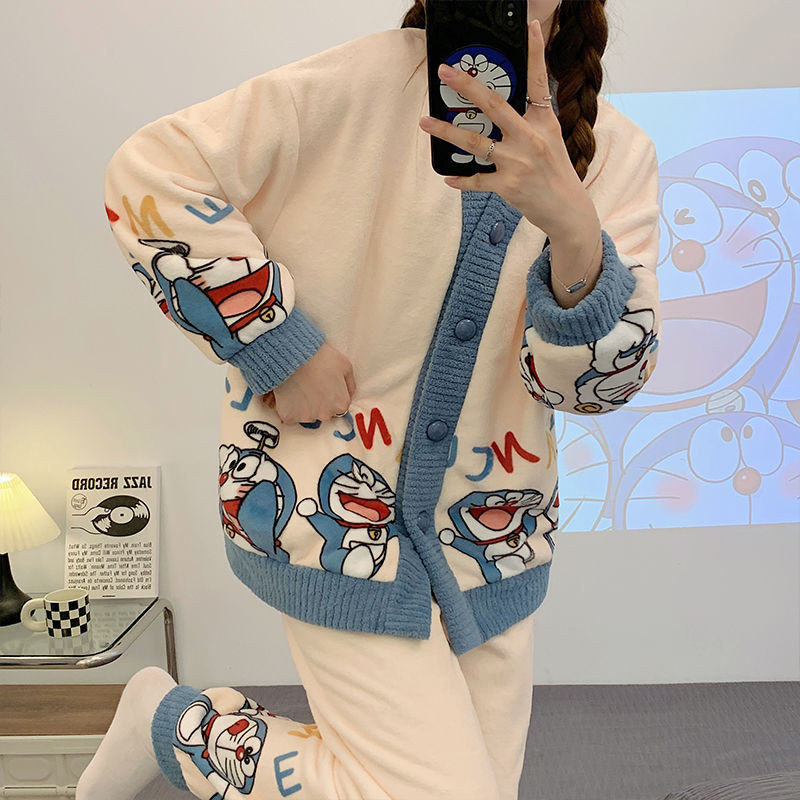 Coral fleece pajamas women's autumn and winter long-sleeved 2022 new Doraemon flannel thickened home service suit