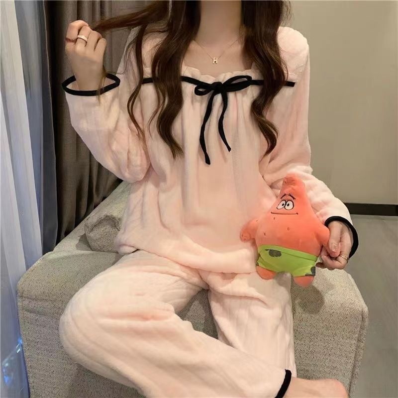 New coral fleece pajamas female autumn and winter net red ins small fragrance thick flannel can be worn outside the home service suit