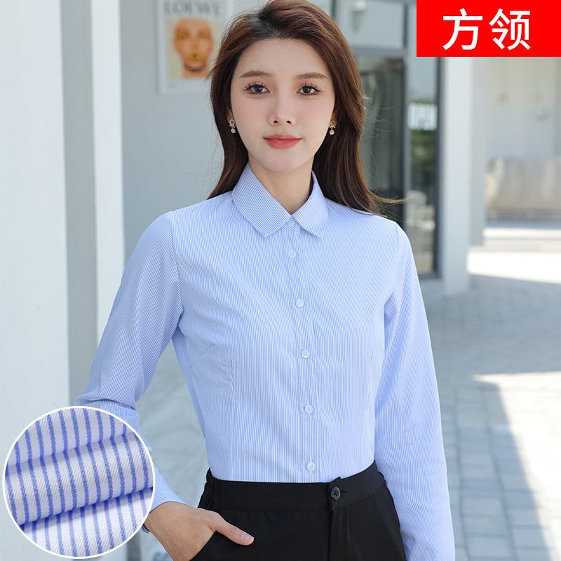 职业衬衫女加绒白竖纹长袖工作服银行面试工装百搭蓝白条纹衬衣寸