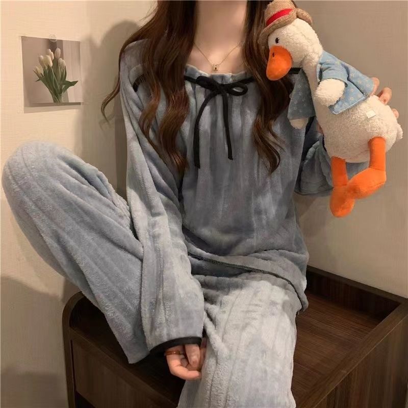 New coral fleece pajamas female autumn and winter net red ins small fragrance thick flannel can be worn outside the home service suit