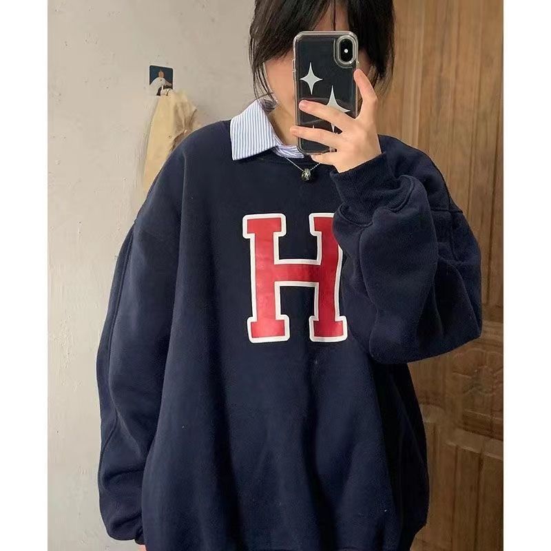 美式復古oversize潮牌圓領加絨加厚衛衣女秋冬季chic港風長袖上衣