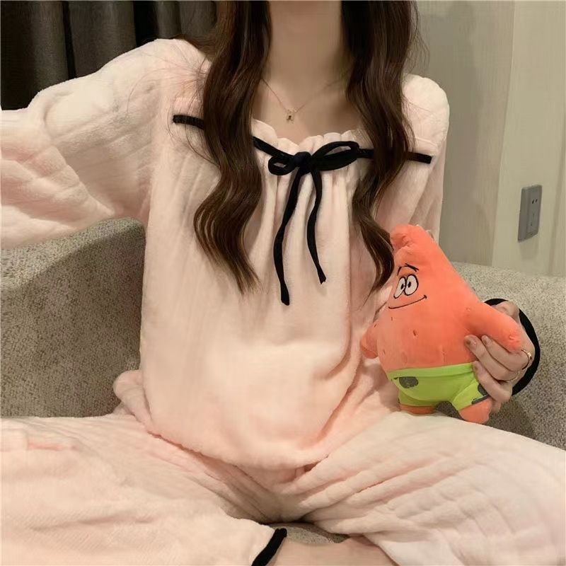 New coral fleece pajamas female autumn and winter net red ins small fragrance thick flannel can be worn outside the home service suit