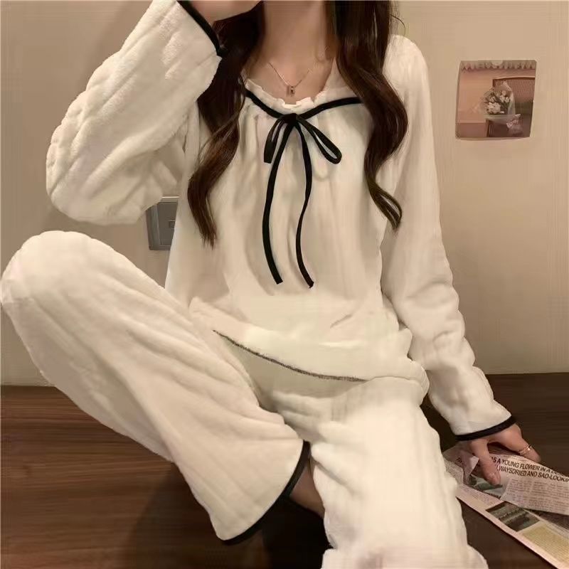 New coral fleece pajamas female autumn and winter net red ins small fragrance thick flannel can be worn outside the home service suit