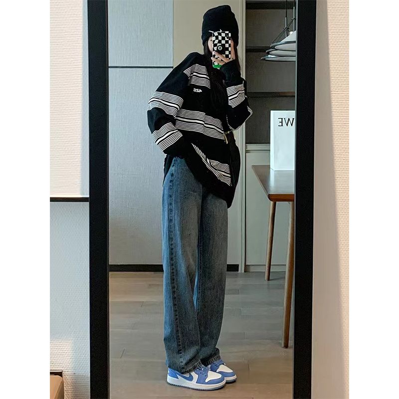 YSYOURS復古牛仔褲女高腰寬鬆春秋闊腿垂感直筒大碼胖妹妹拖地褲