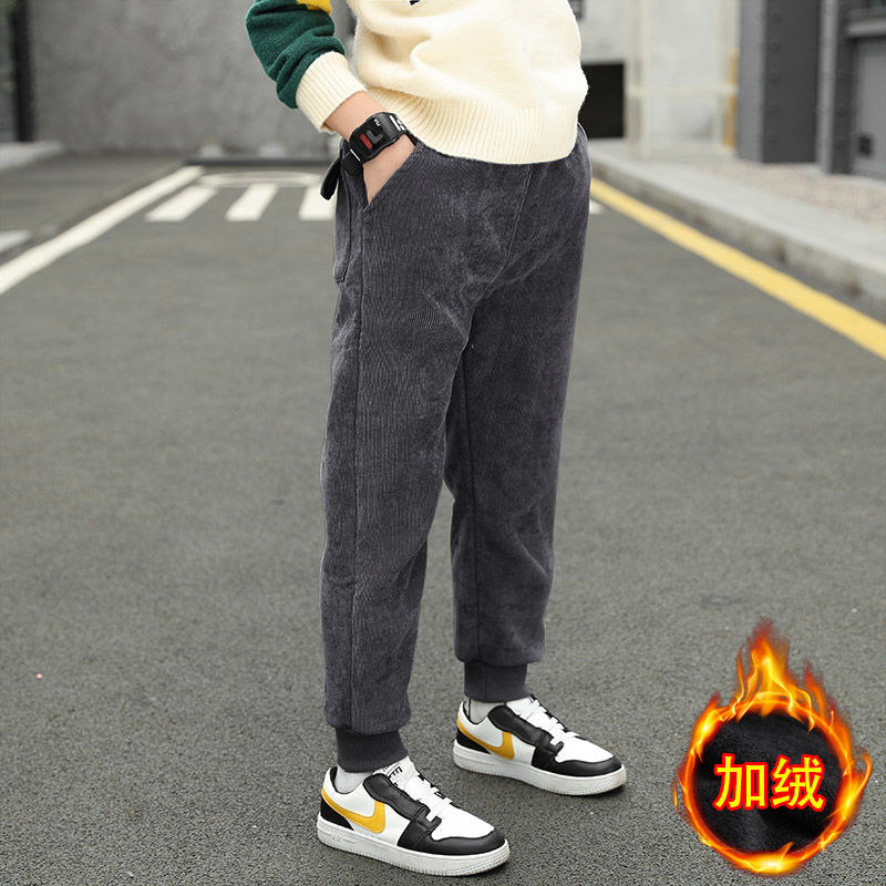 Boys' trousers  autumn and winter new style plus velvet thickened middle and big children's casual trousers children's corduroy pants integrated velvet