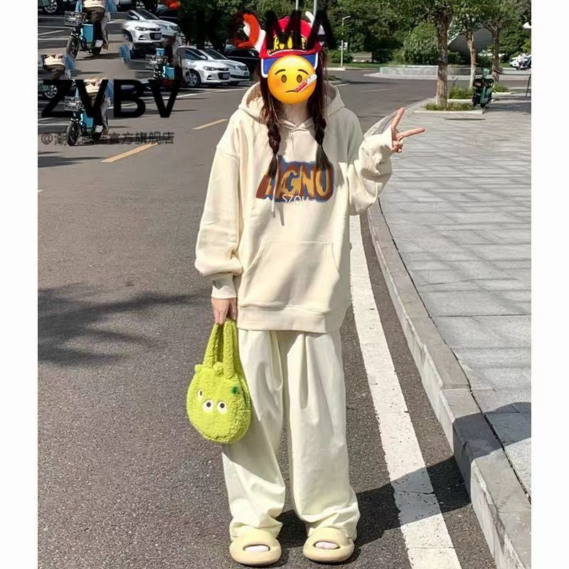 hiphop美式元氣風字母印花連帽寬鬆衛衣女奶甜系落肩上衣女秋冬季