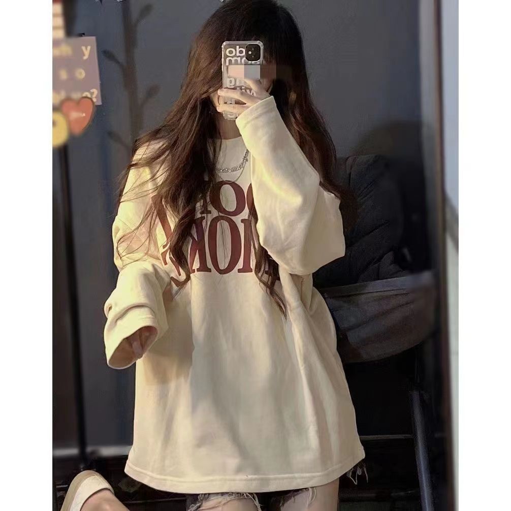 100%純棉早秋美式簡約t恤女學生寬鬆學院風原宿風百搭長袖上衣女